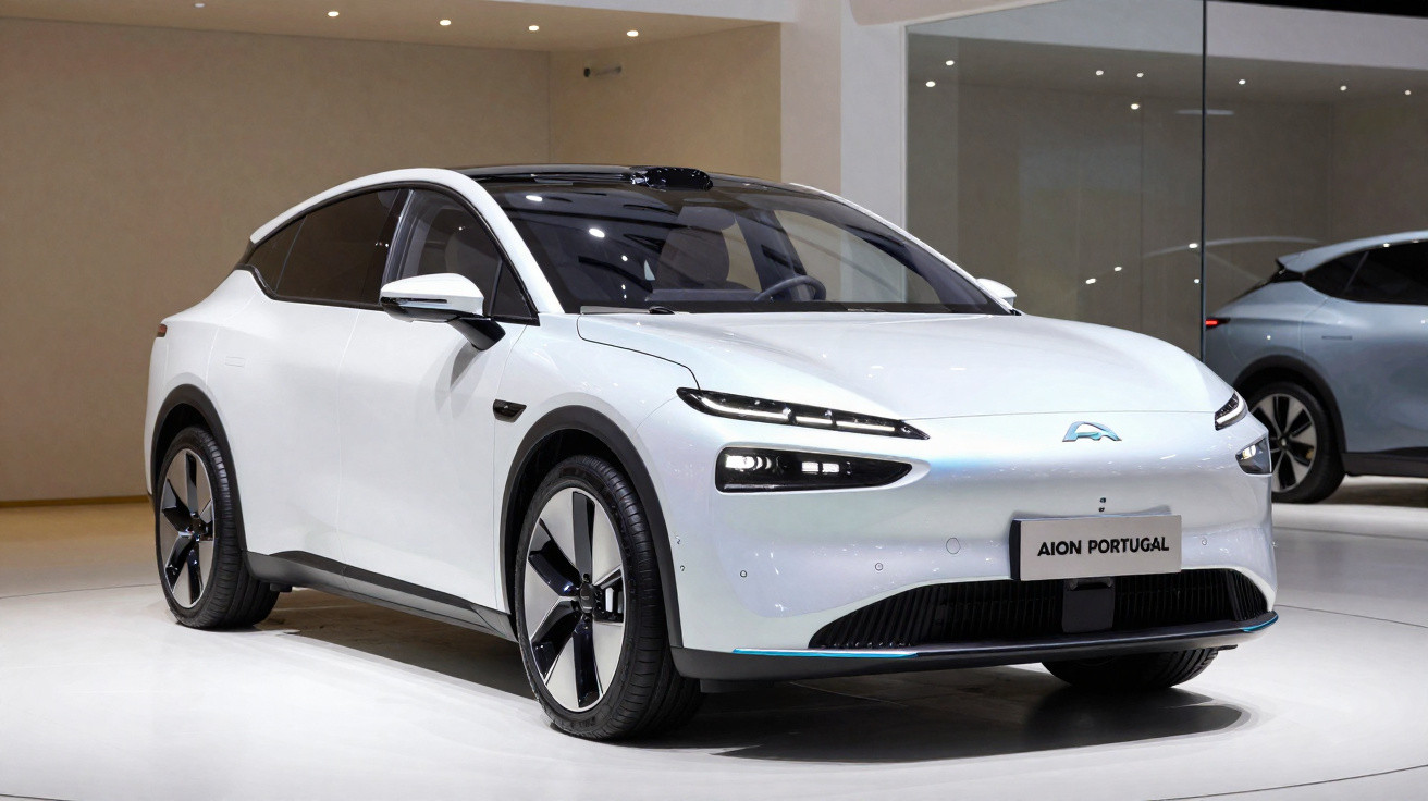 Carro elétrico branco Apoio Aion Portugal exibido em showroom moderno com espelhos ao fundo.