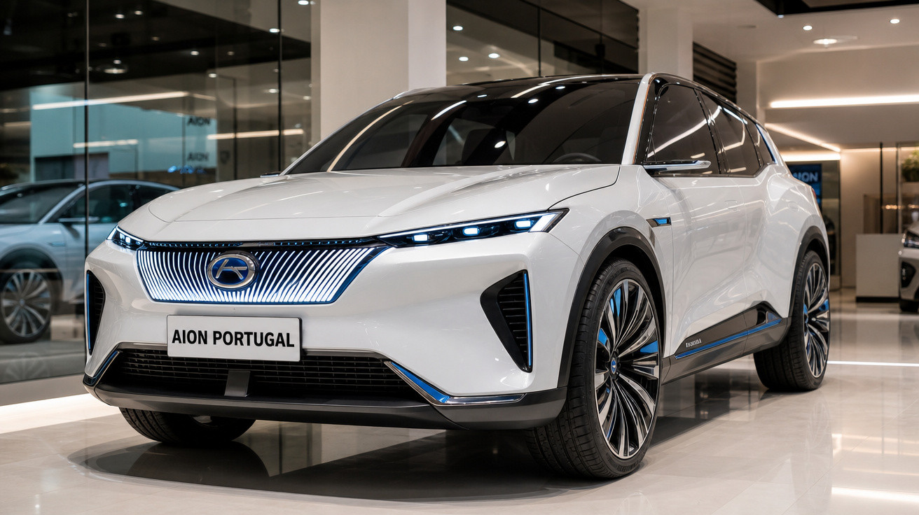 Carro elétrico branco estilizado Aion Portugal exposto em showroom moderno com piso brilhante.