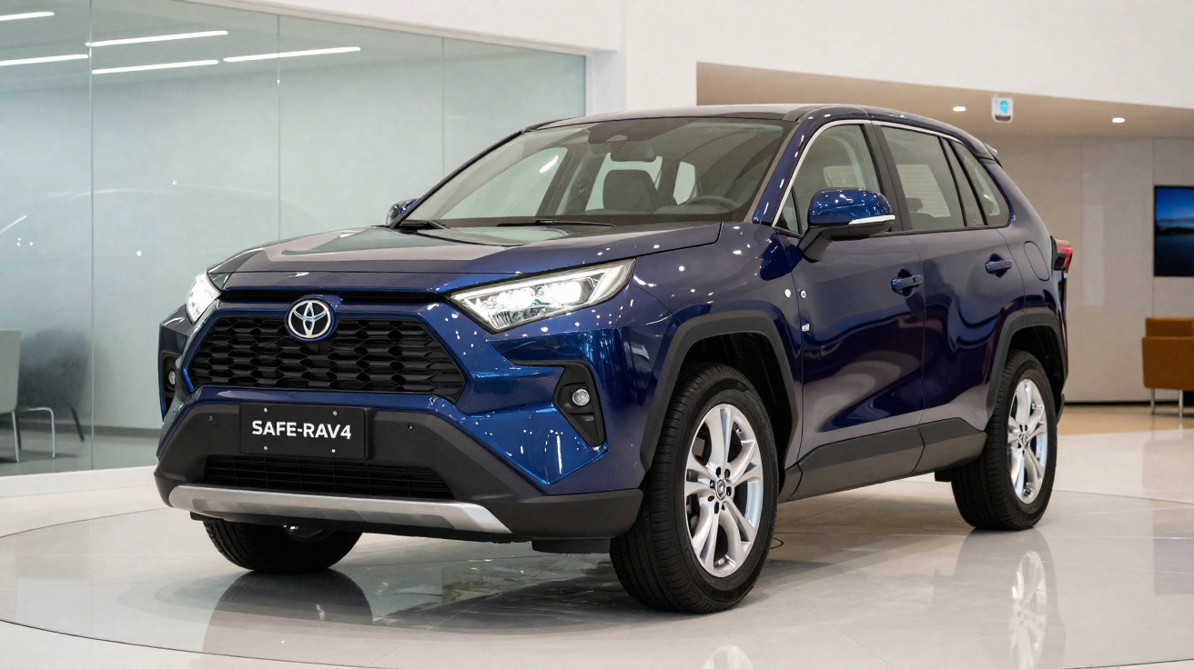 SUV Toyota RAV4 azul em exposição dentro de showroom moderno e bem iluminado.