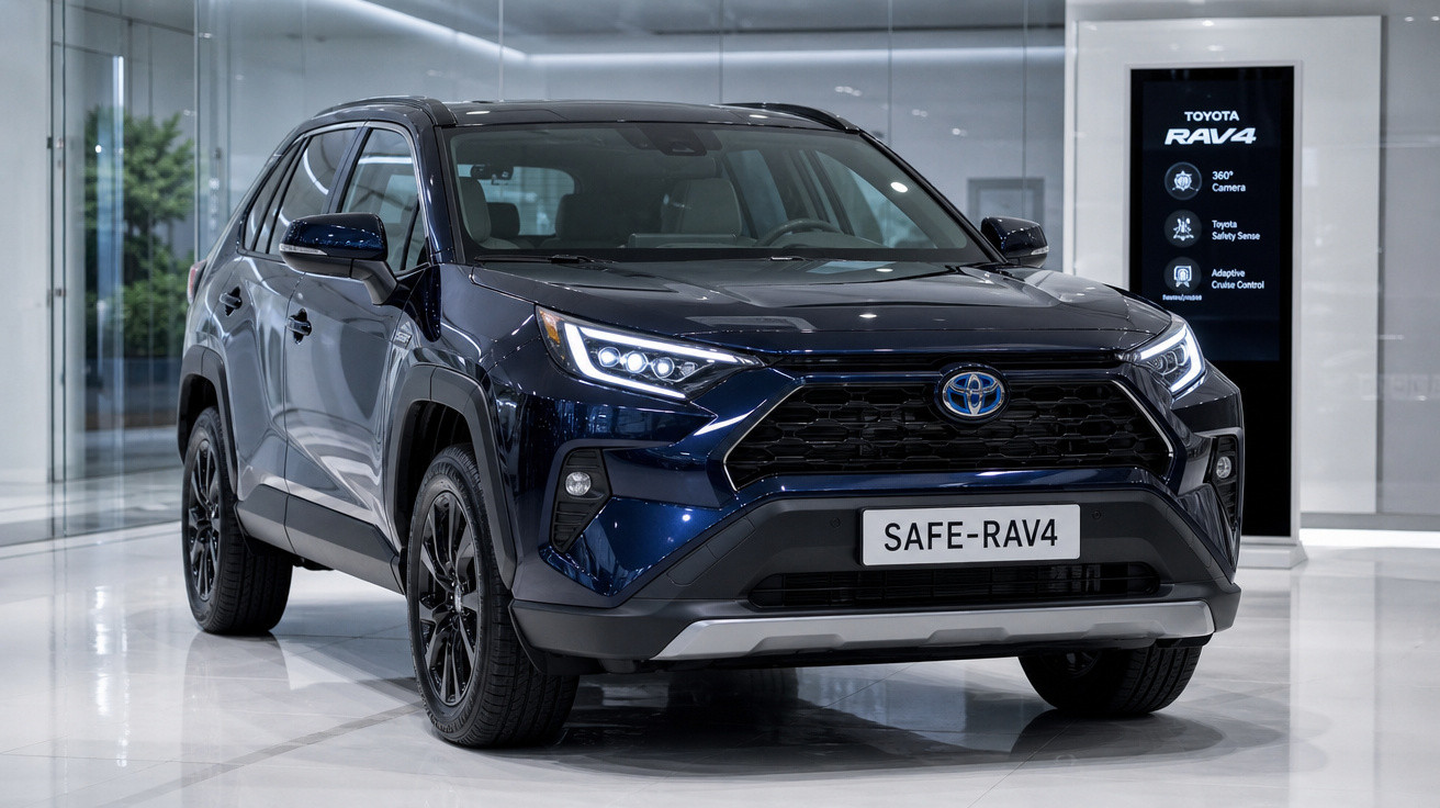 SUV Toyota RAV4 azul escuro exibido em showroom com luzes frontais acesas.