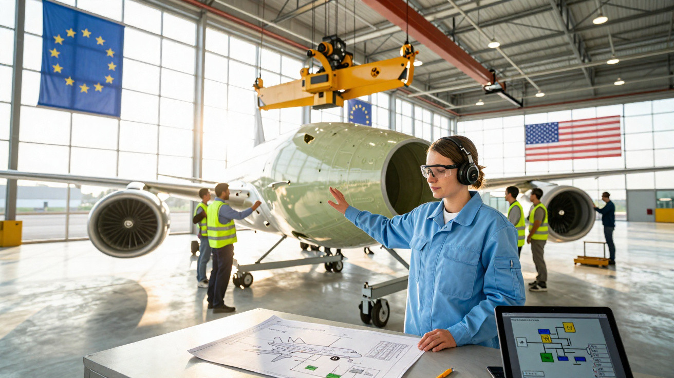 Engenheira verificando documentos com equipe trabalhando na manutenção de avião em hangar com bandeiras da UE e EUA.