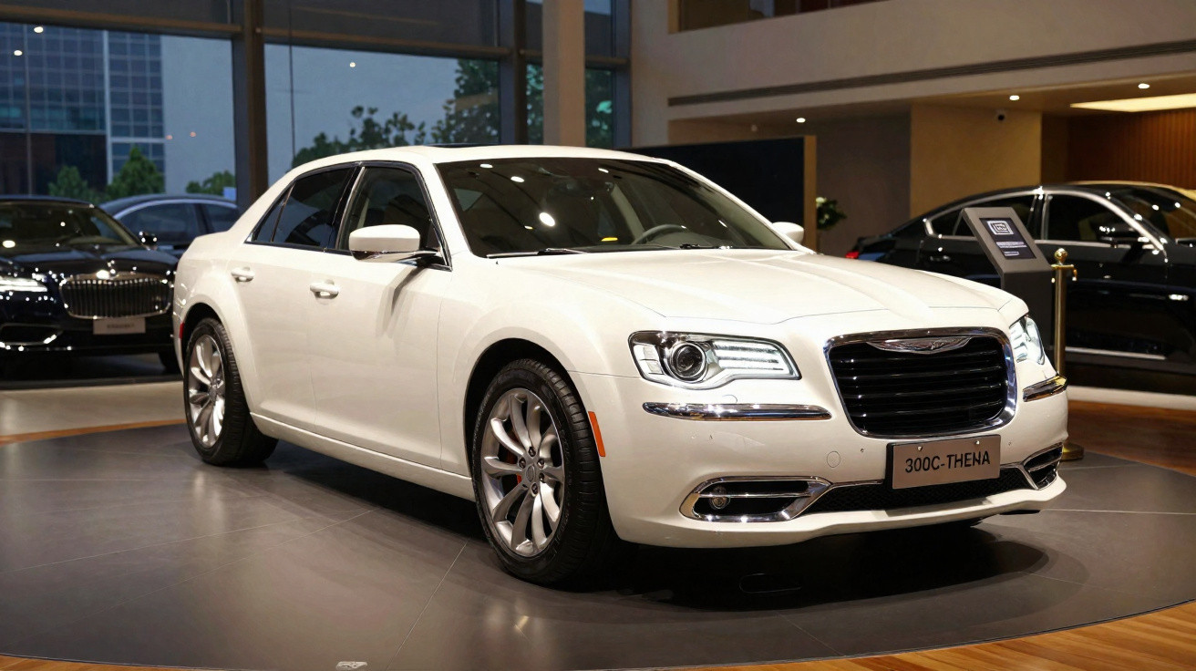 Carro sedan branco Chrysler 300C em exposição interna com outros carros ao fundo.