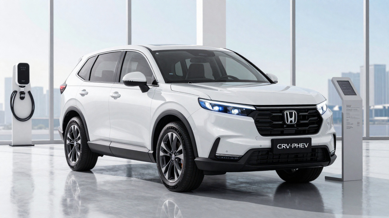 SUV branco Honda CR-V PHEV estacionado em showroom moderno com carregador elétrico ao fundo.