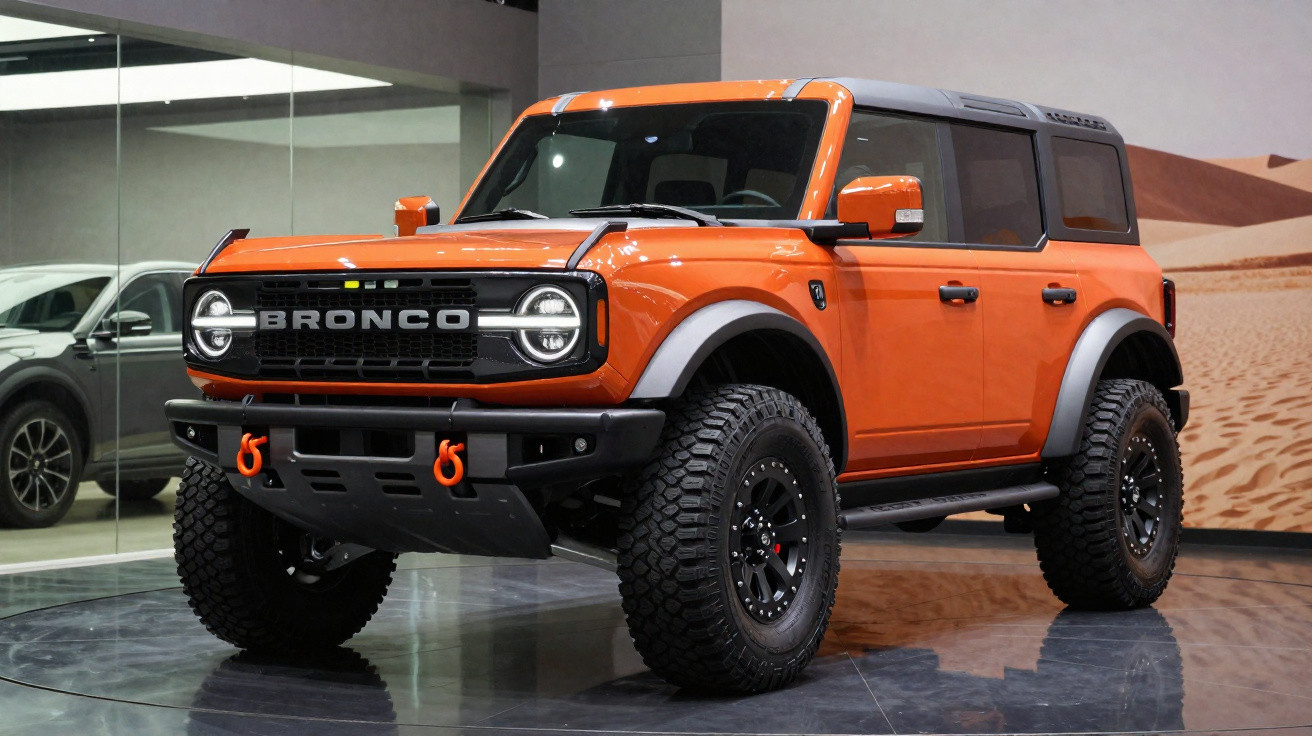 SUV Ford Bronco laranja com pneus off-road grande, exibido em estande de exposição indoor.