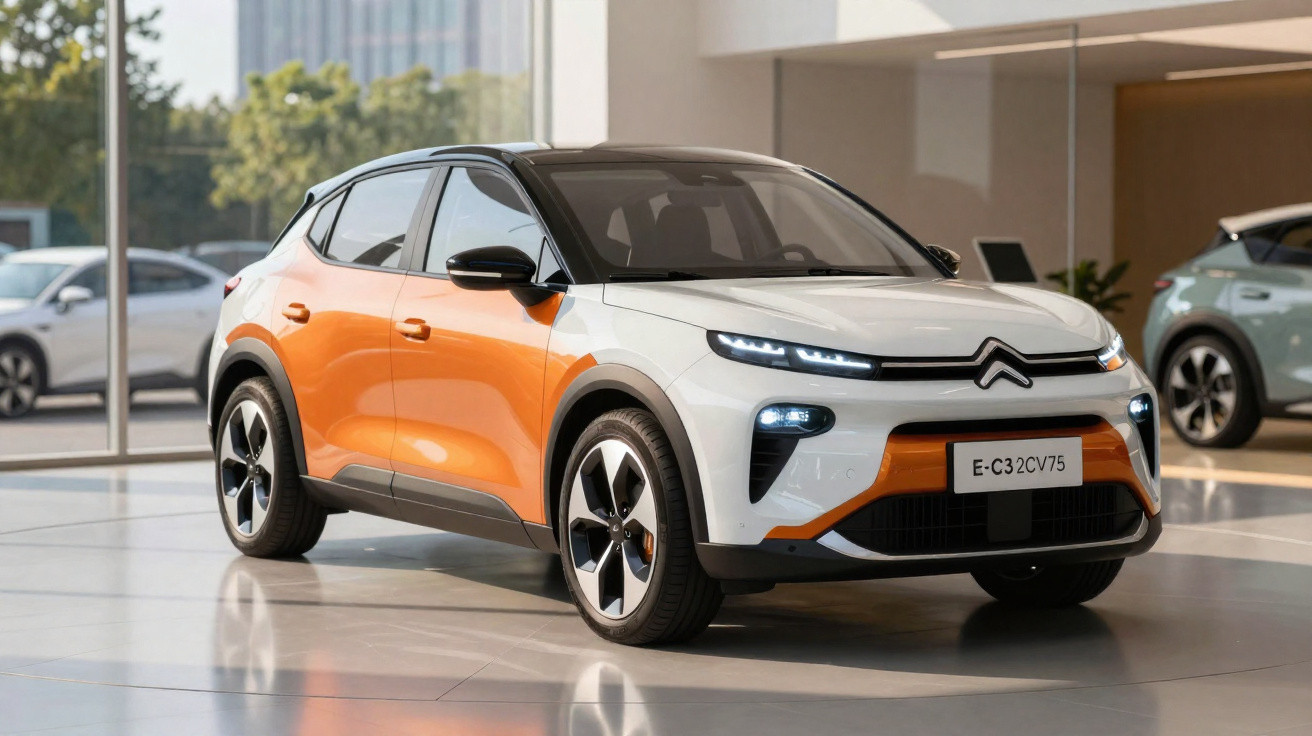 Carro elétrico Citroën E-C3 branco e laranja exibido em showroom moderno.