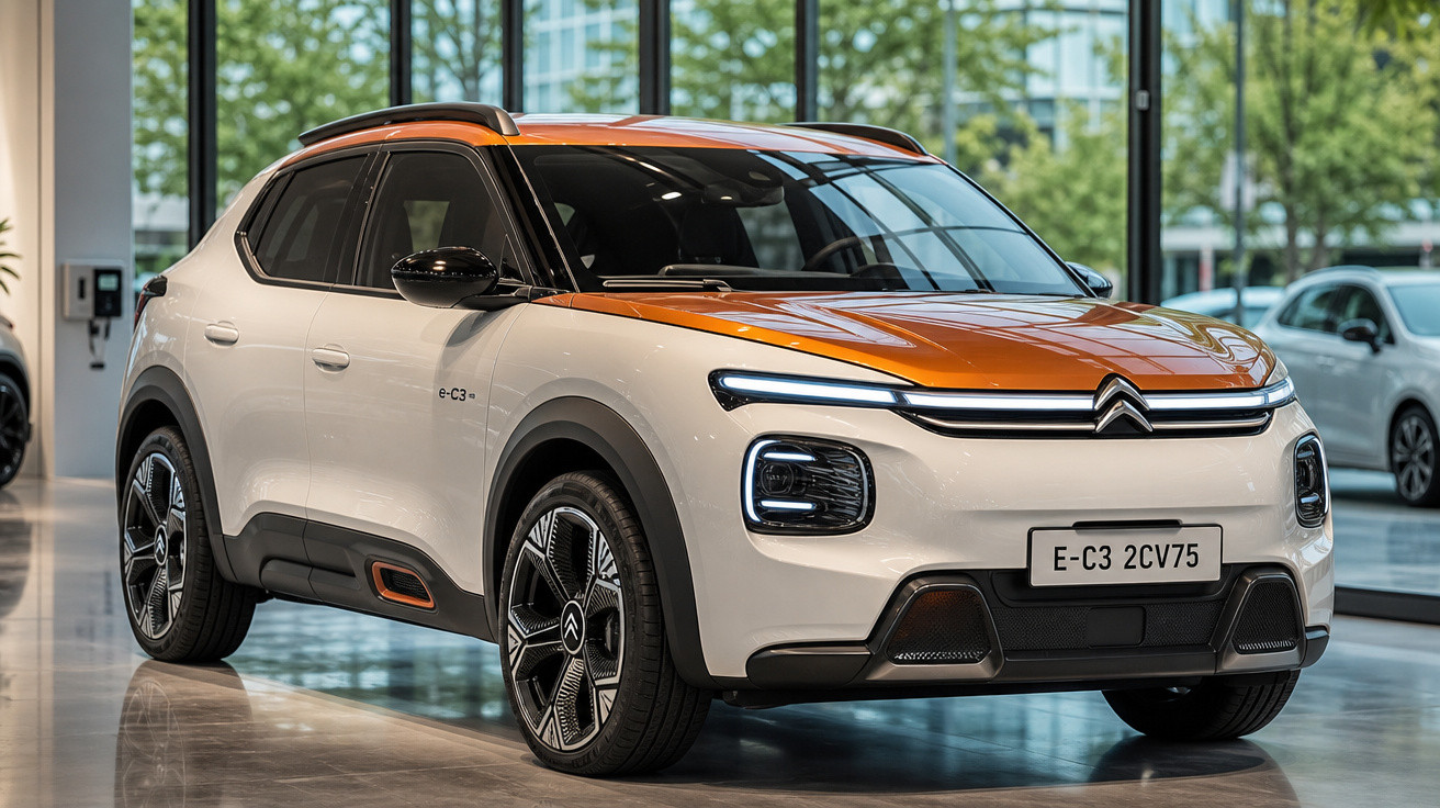 SUV elétrico Citroën e-C3 branco com detalhes laranja em showroom moderno com janelas amplas.