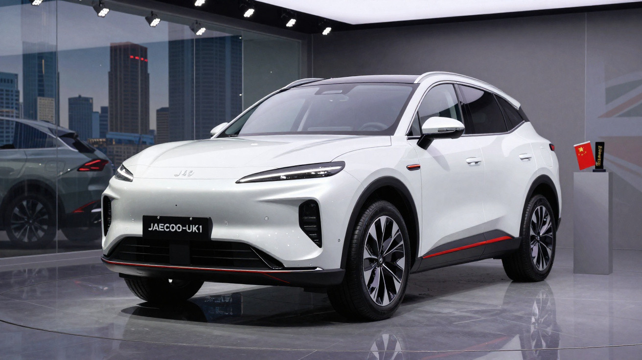 SUV elétrico branco JAECOO-UK1 em exposição com cidade ao fundo, ambiente interno moderno e iluminado.