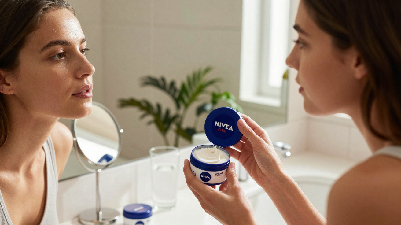 Mulher segurando e olhando para pote aberto de creme Nivea no banheiro diante do espelho.
