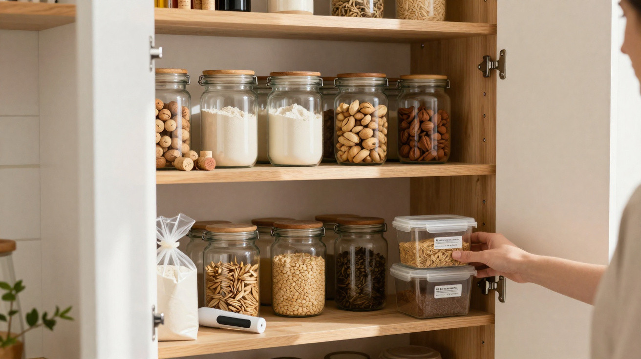 Armário de cozinha organizado com potes de vidro e plástico contendo alimentos diversos.