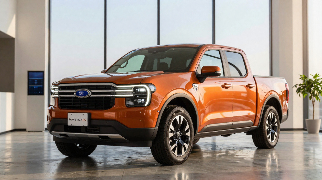 Picape Ford Maverick 2023 cor laranja em ambiente interno moderno com piso espelhado.