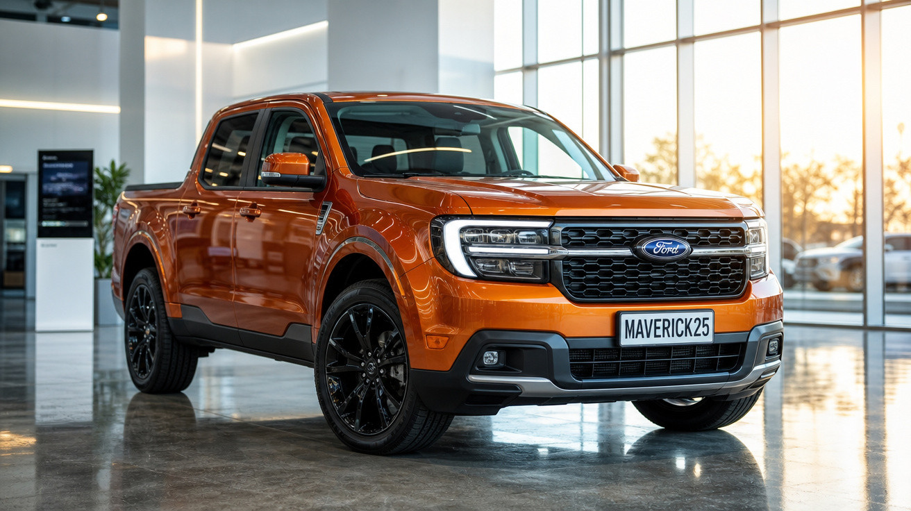 Picape Ford Maverick laranja exibida em showroom moderno com janelas amplas ao fundo.