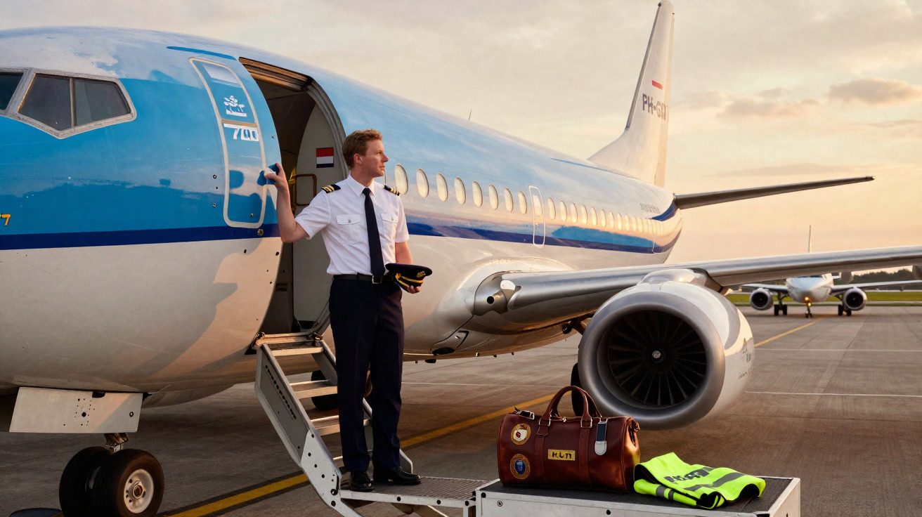 Piloto parado na escada de avião com bagagem e colete refletivo ao lado, em aeroporto ao entardecer.