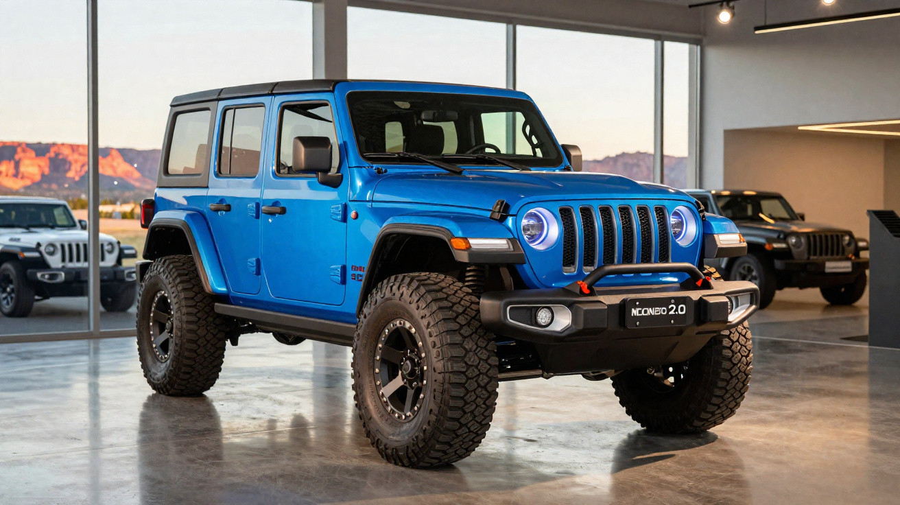 Jeep azul 4x4 com faróis circulares acesos em showroom com outras três SUVs ao fundo.
