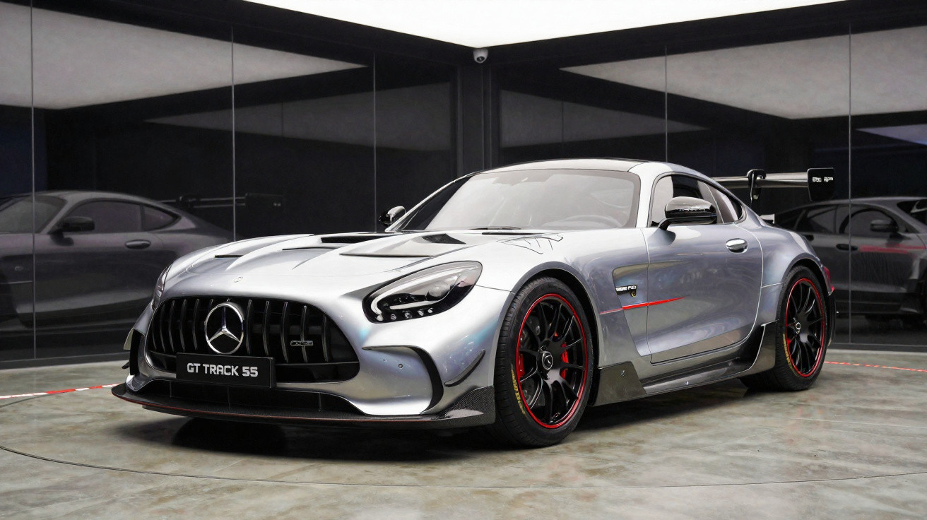 Carro esportivo Mercedes-Benz GT Track 55 prata em exposição com detalhes em preto e vermelho.