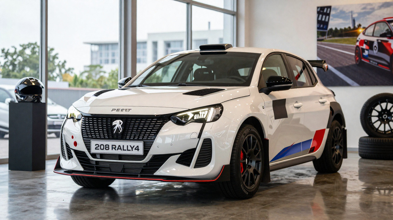 Carro branco Peugeot 208 Rally4 em exposição em ambiente interno com capacete ao lado e rodas ao fundo.