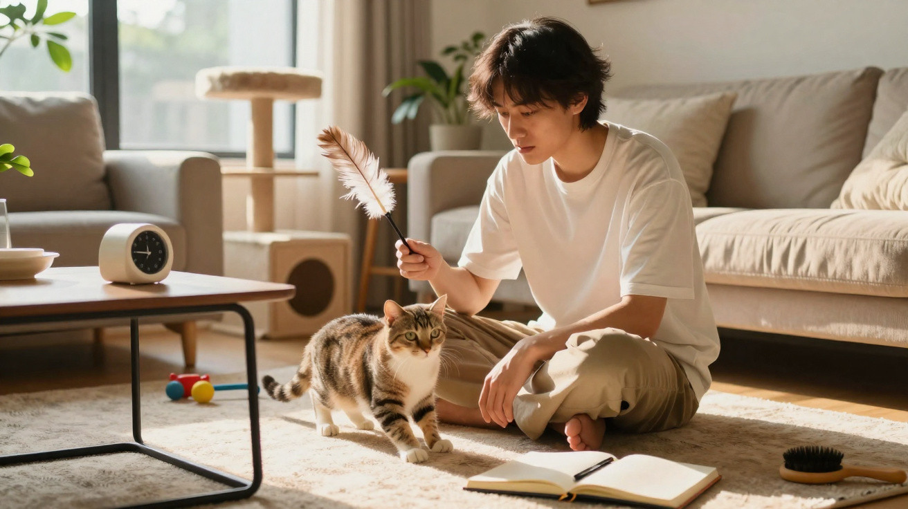 Jovem sentado no tapete da sala brinca com gato usando pena, com caderno e escova ao lado.