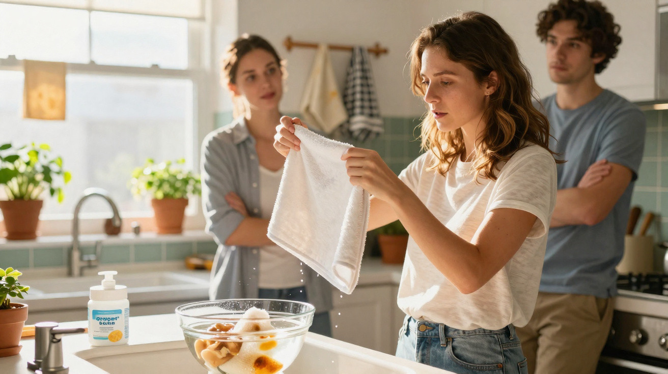 Jovem mulher lavando pano na cozinha enquanto duas pessoas observam ao fundo, luz natural entrando pela janela.