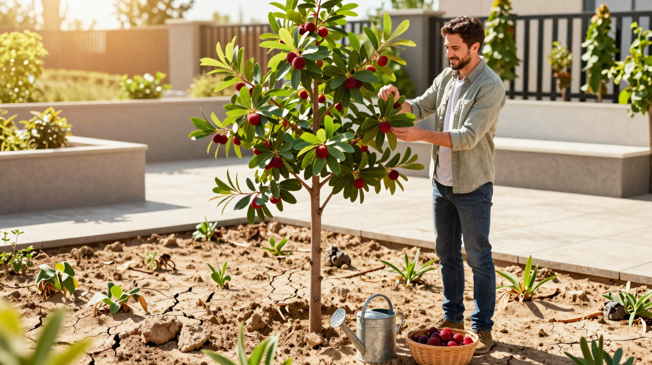 Homem colhendo frutas vermelhas em árvore jovem num jardim com regador e cesta ao lado.
