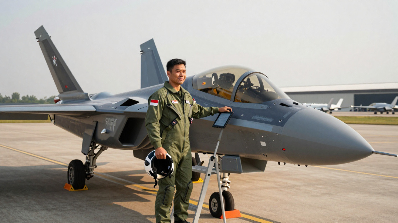 Piloto militar em uniforme verde posa ao lado de caça cinza estacionado em pista de aeroporto.