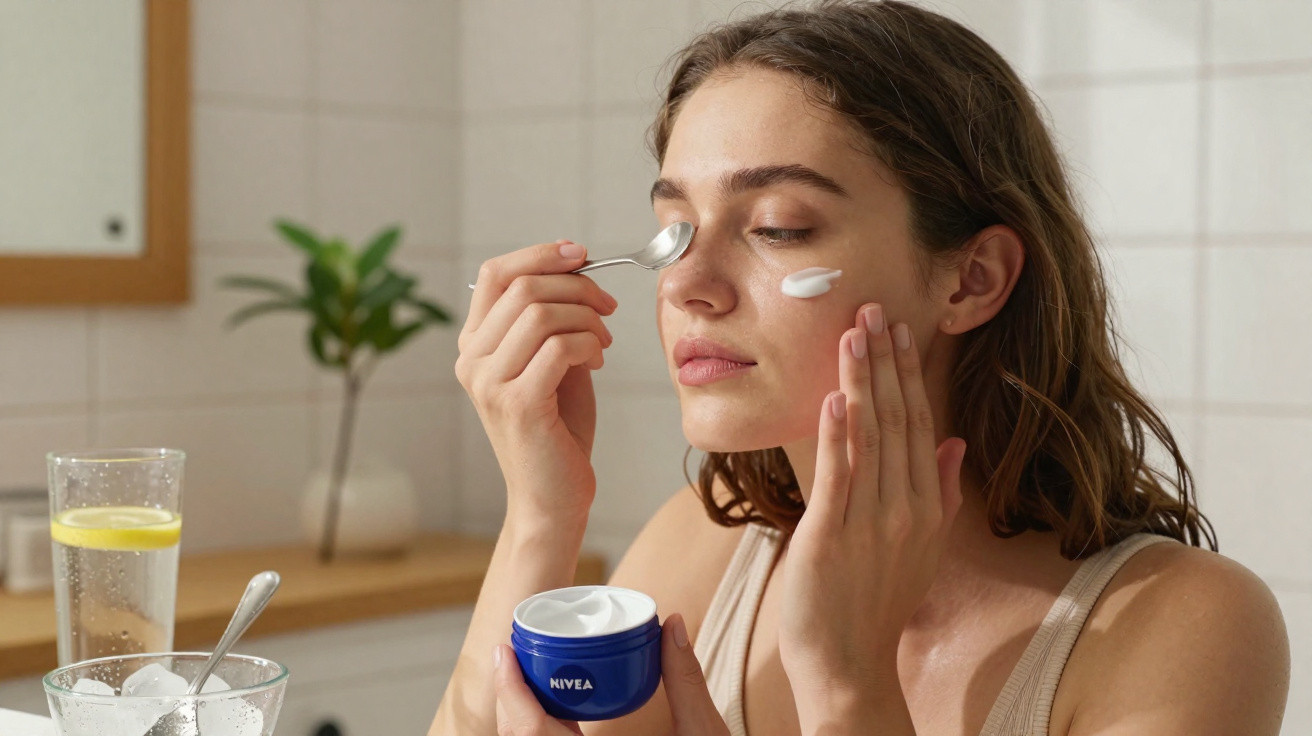 Mulher aplicando creme facial com colher em rosto em ambiente claro e tranquilo.