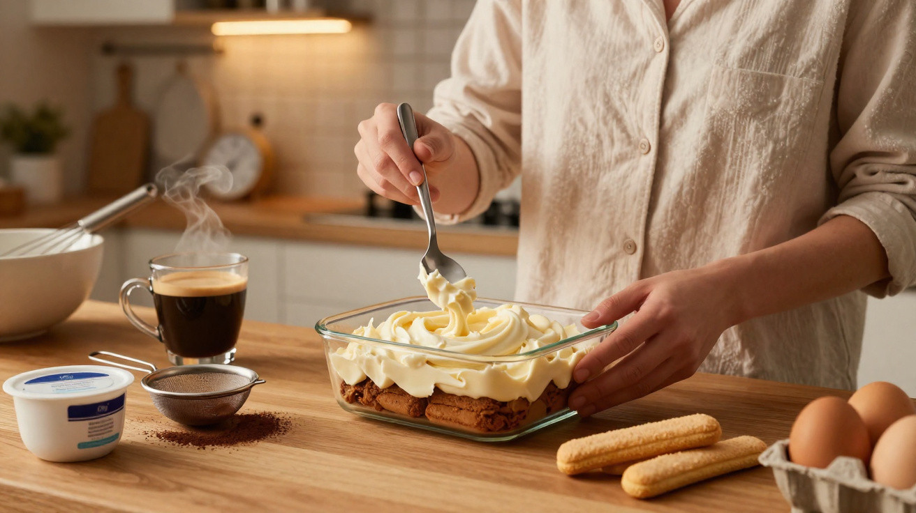 Pessoa preparando sobremesa com creme, biscoitos e café em cozinha clara e acolhedora.