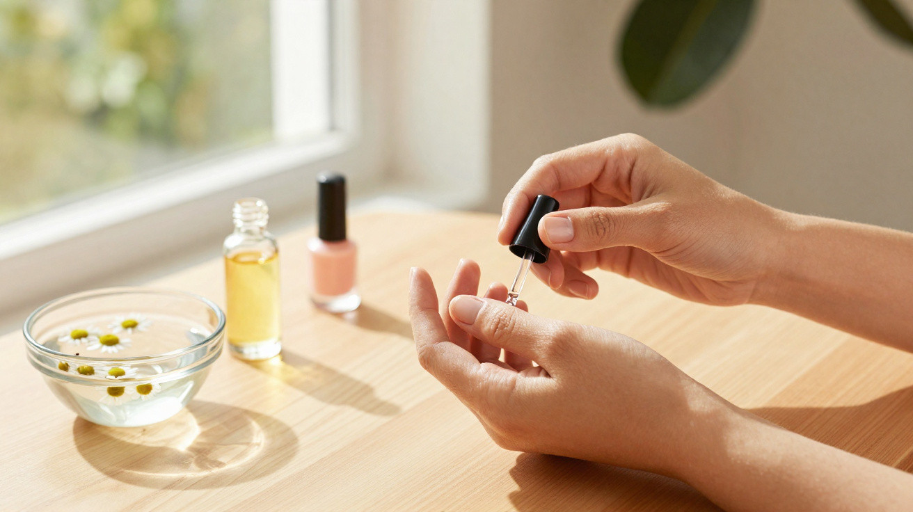 Pessoas aplicando óleo nas unhas, com esmalte e óleo em frascos sobre mesa perto da janela.