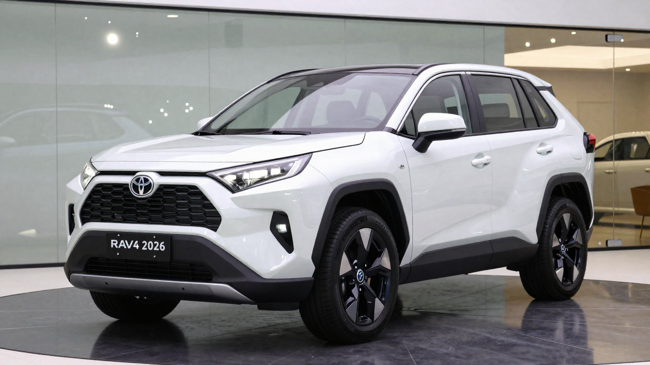 SUV branco Toyota RAV4 2026 exibido em salão com rodas pretas e grade frontal marcada.