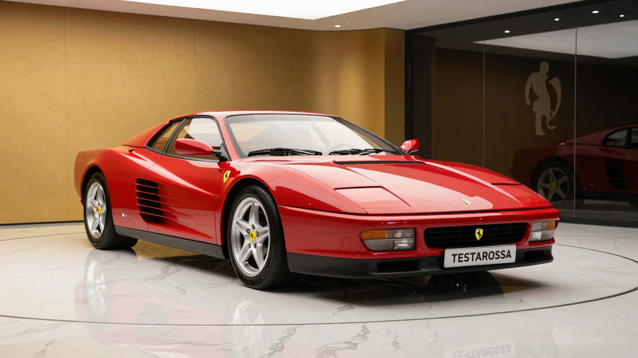 Carro esportivo Ferrari Testarossa vermelho exibido em ambiente interno com piso branco.
