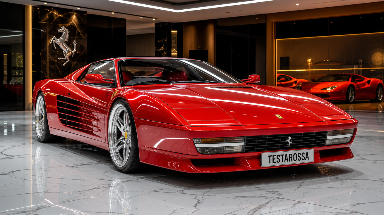 Carro esportivo Ferrari Testarossa vermelho em showroom com piso de mármore branco.