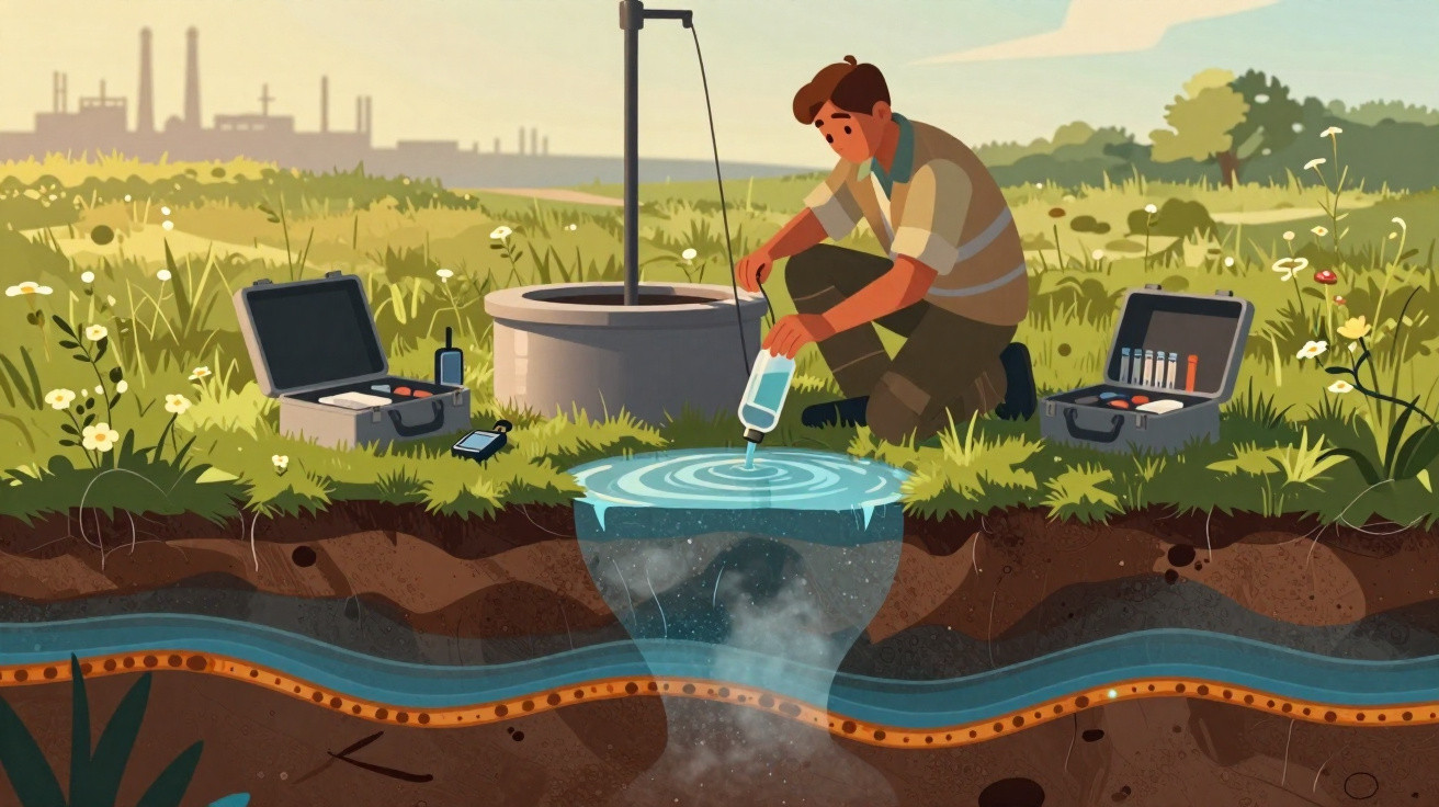 Cientista coleta amostra de água em poço perto de área industrial para análise ambiental.