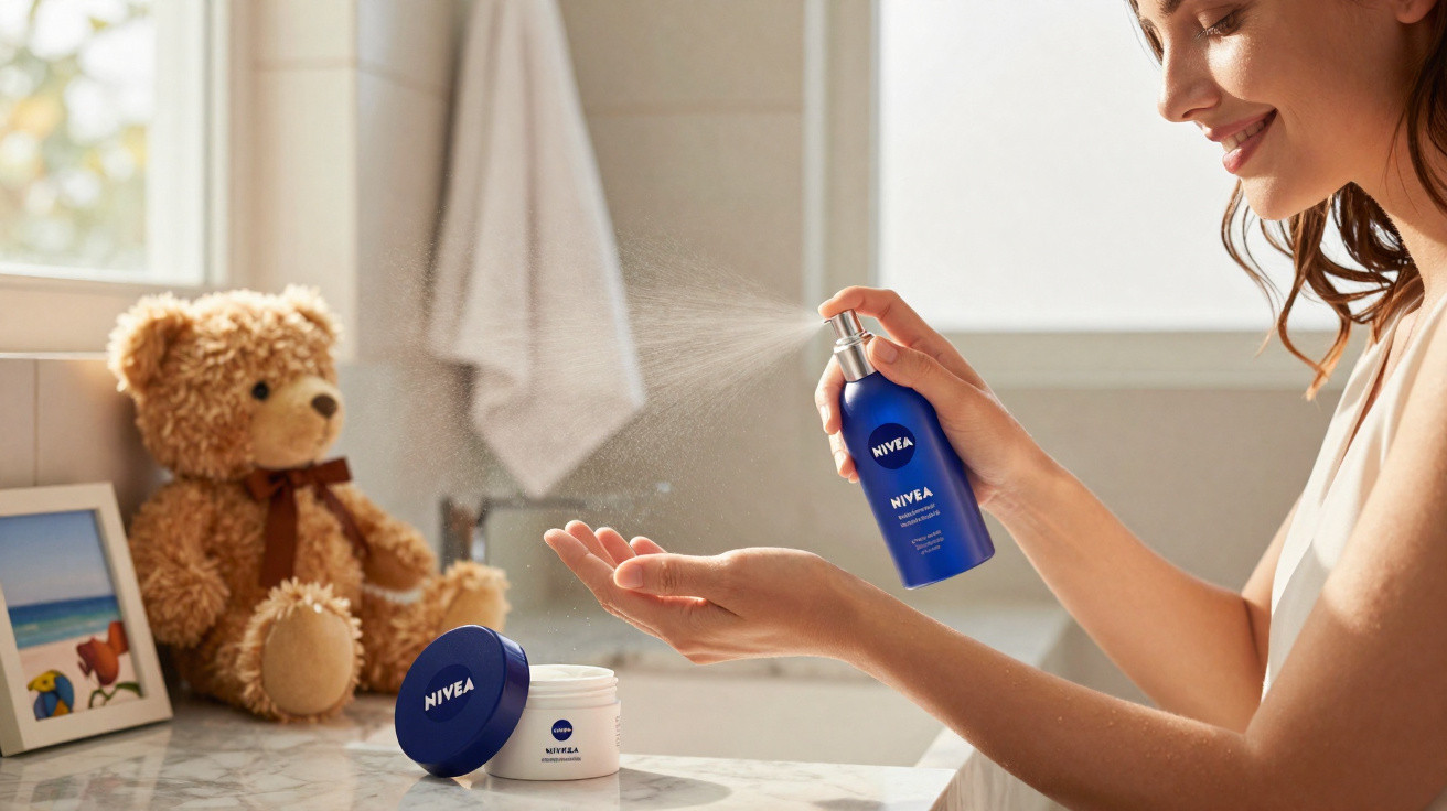 Mulher aplicando spray de hidratante Nivea nas mãos em banheiro com ursinho de pelúcia ao fundo.