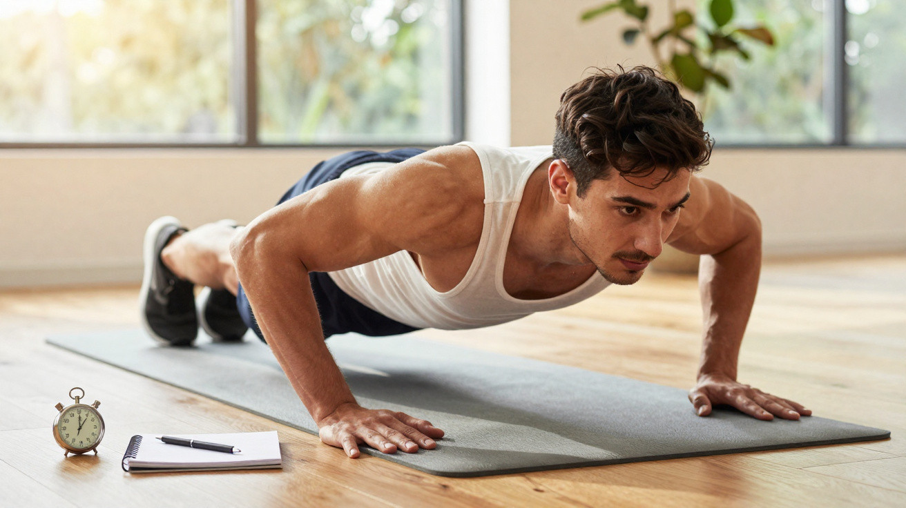 Homem fazendo flexão em tapete de yoga com cronômetro e caderno ao lado em ambiente iluminado.