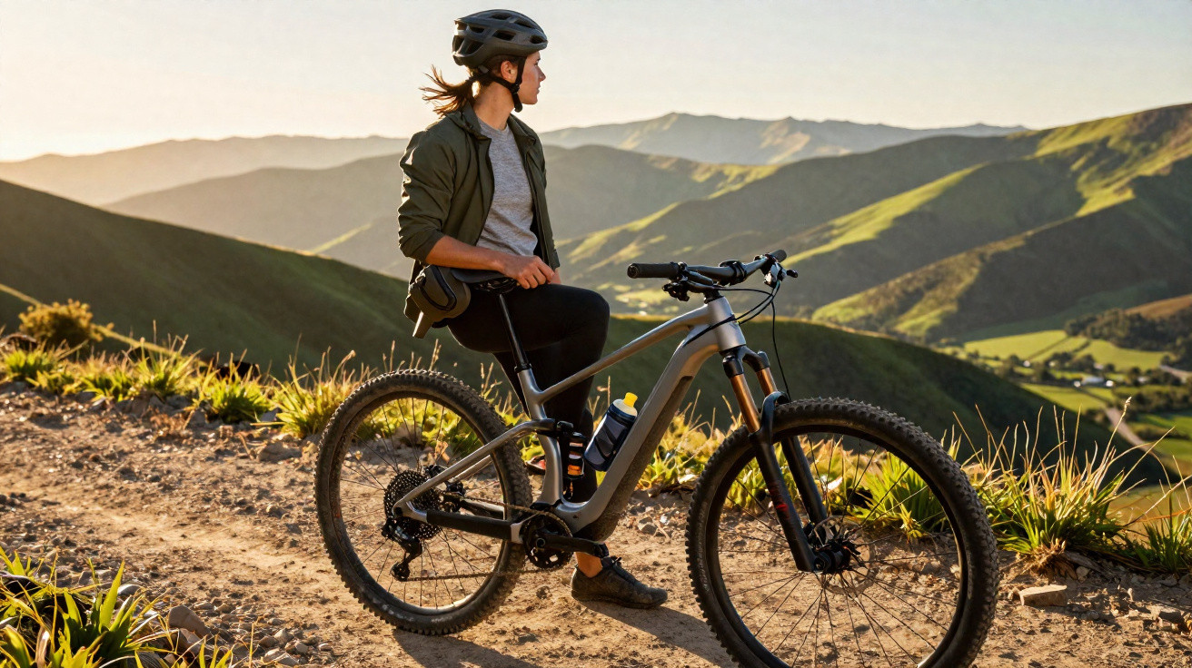Pessoa de capacete sentada em bicicleta de montanha em trilha com vista para montanhas ao entardecer.