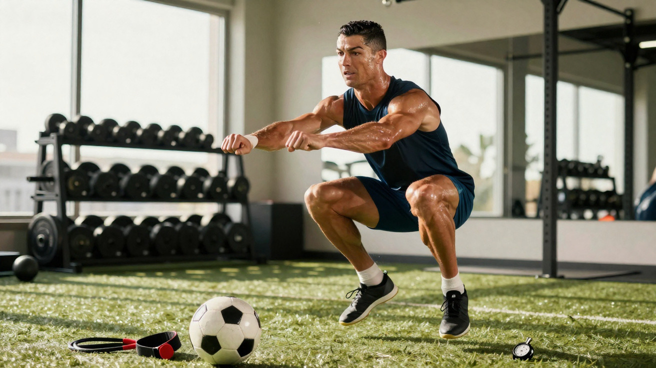 Homem realizando agachamento em academia com bola de futebol e equipamentos ao redor.