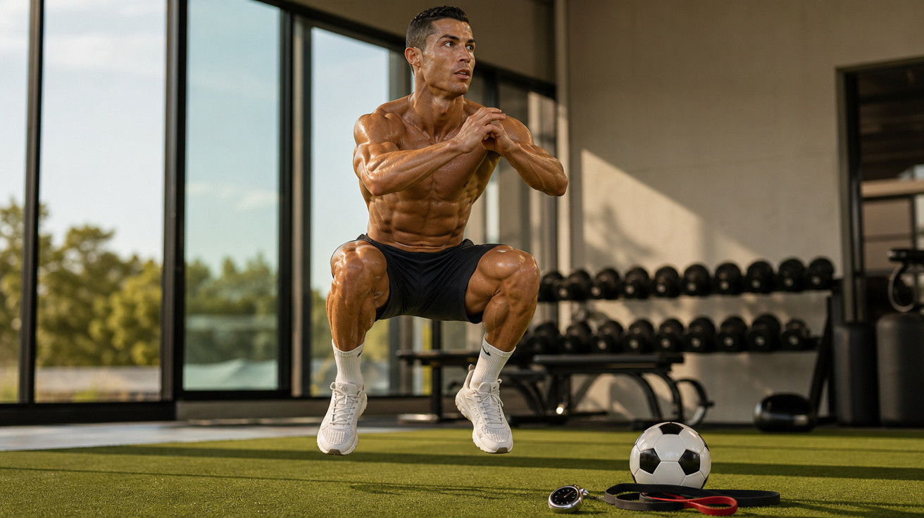 Homem musculoso em roupa esportiva faz exercício de salto em academia moderna com bola de futebol no chão.