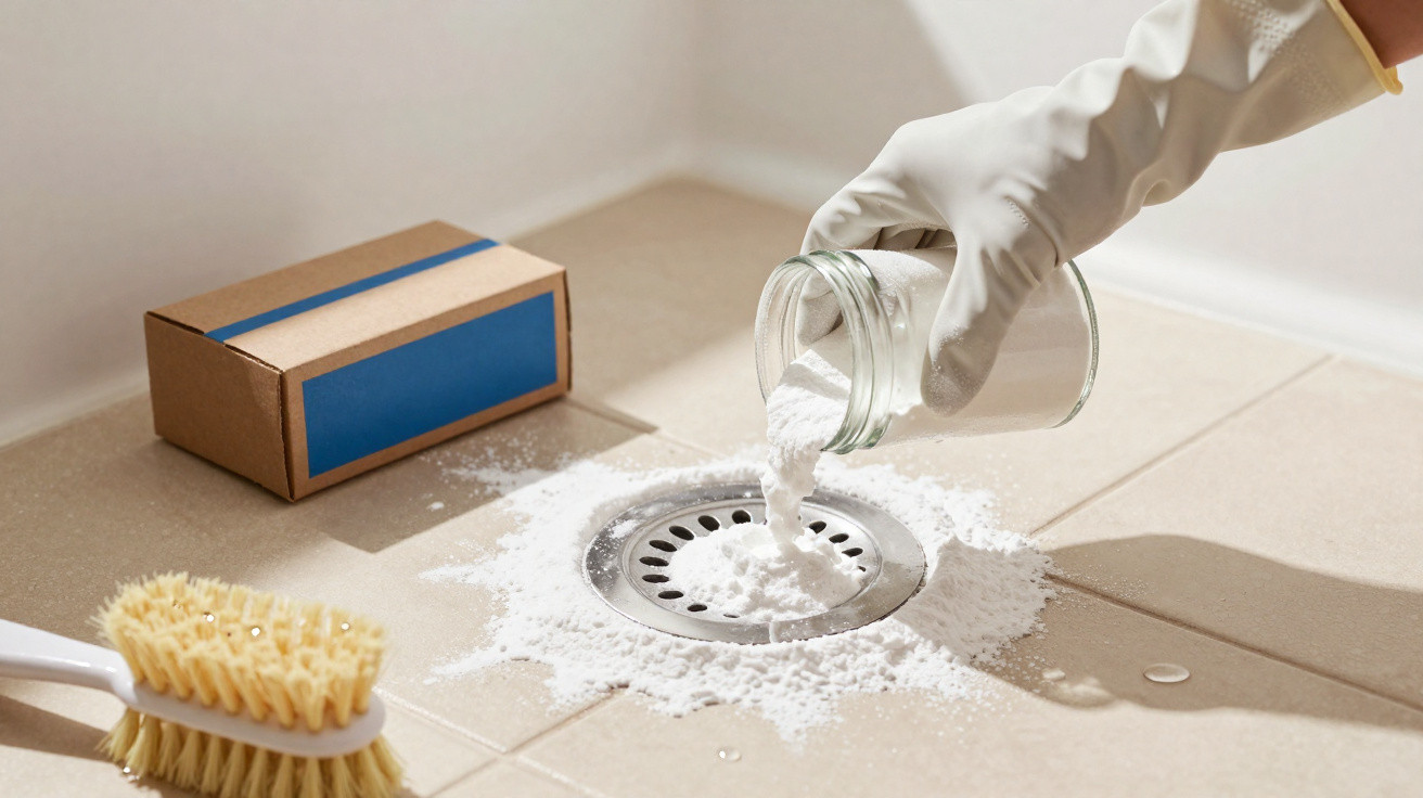 Mão com luva branca despejando pó branco no ralo de piso com escova e caixa ao lado.