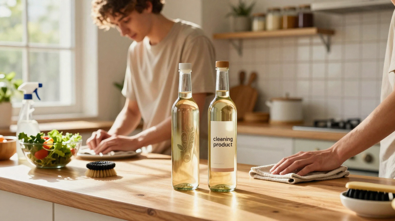 Pessoas limpando bancada de cozinha com produtos de limpeza naturais em frascos de vidro.