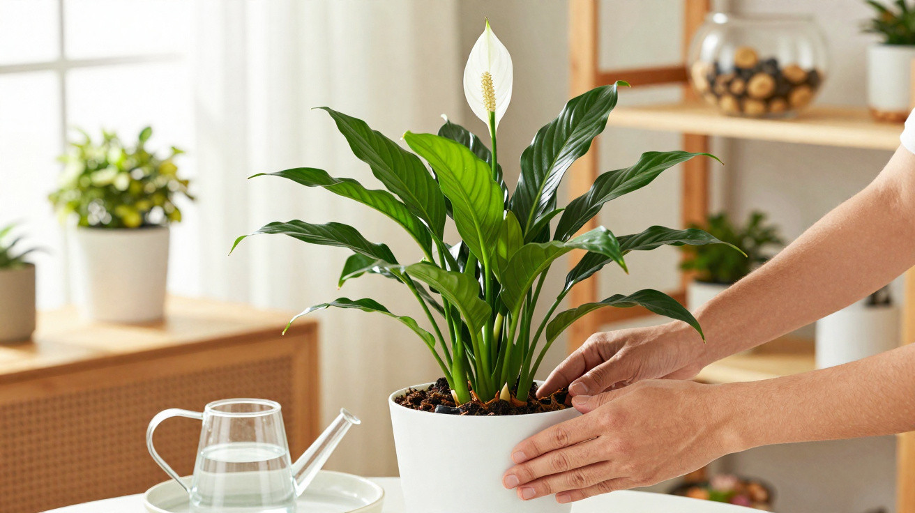 Mãos cuidando de planta lírio-da-paz em vaso branco em mesa com regador de vidro ao lado.