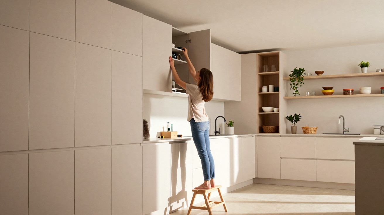 Mulher em banco alcança armário alto numa cozinha moderna branca com armários minimalistas.