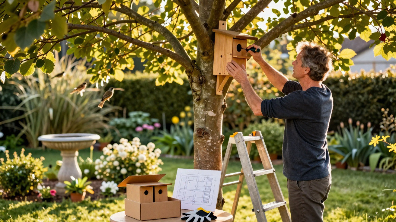 Homem instalando uma casinha de passarinho em uma árvore durante dia ensolarado no jardim.