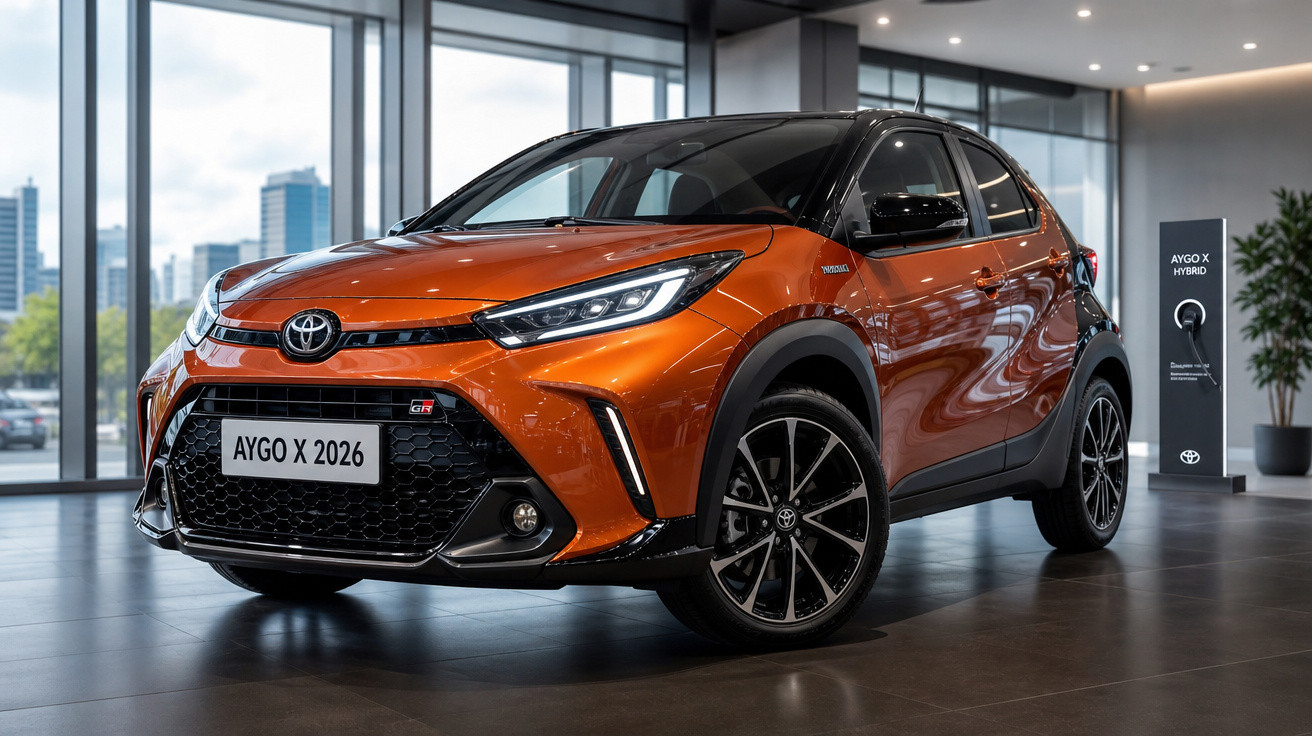 Carro Toyota Aygo X 2026 laranja em showroom moderno com luz natural e piso escuro.