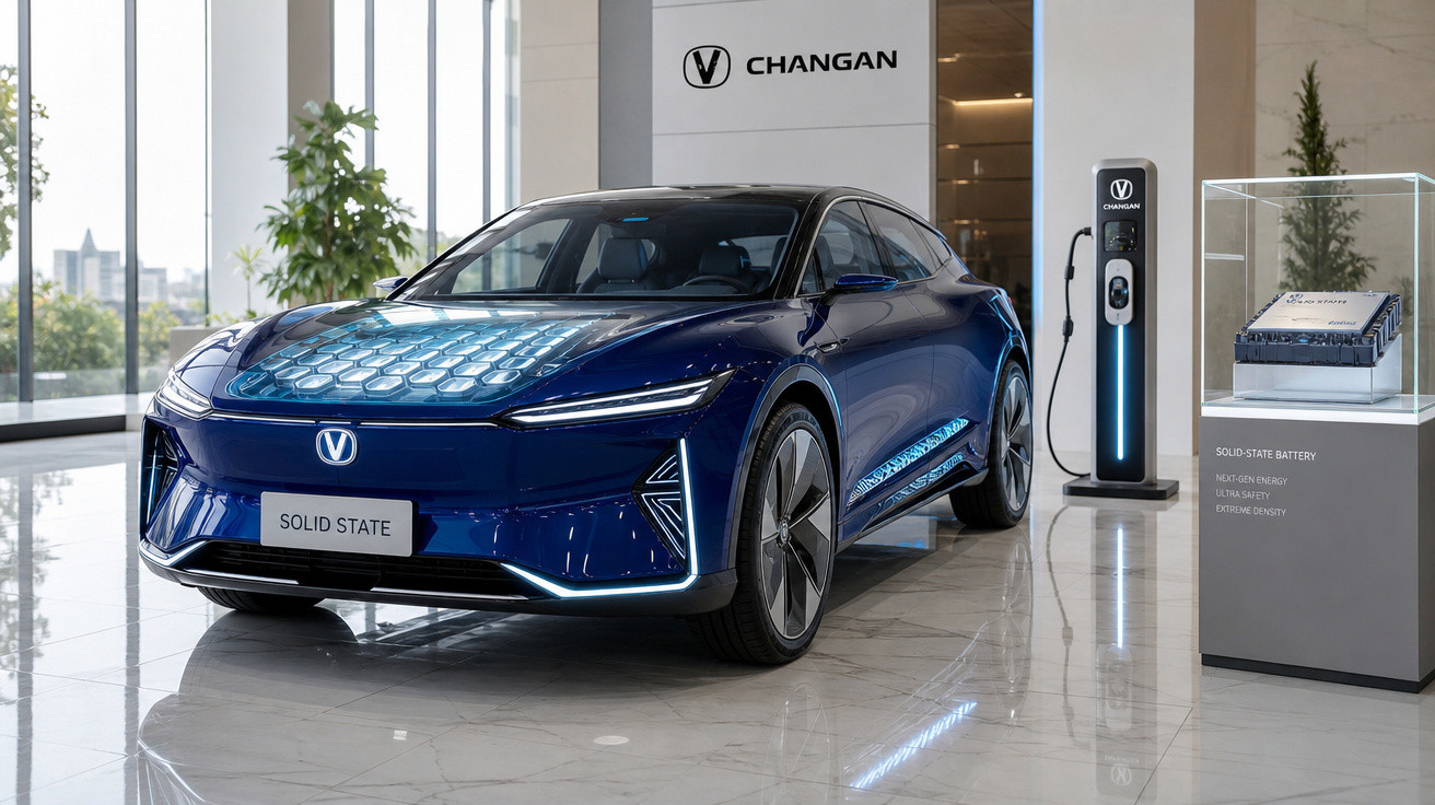 Carro elétrico azul Changan modelo Solid State em exposição, com estação de recarga ao lado.