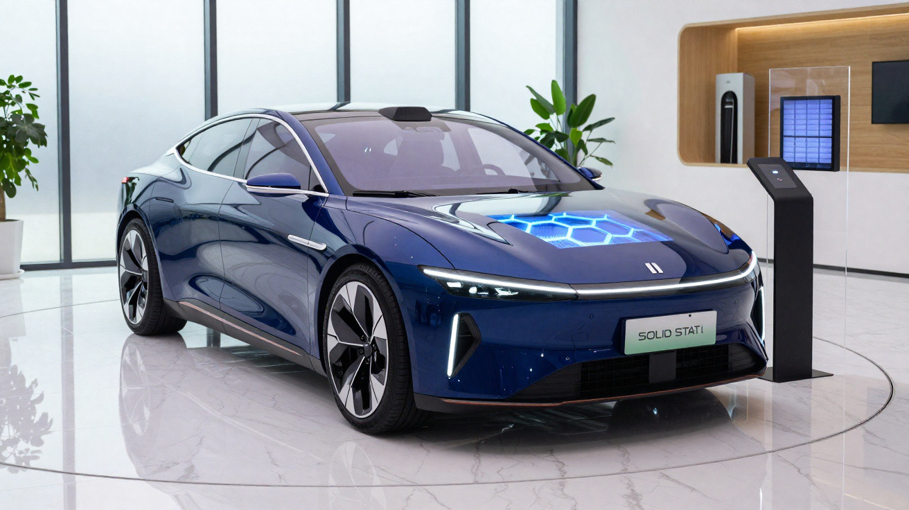 Carro elétrico azul escuro Solid Stati exibido em ambiente moderno e bem iluminado com plantas decorativas.