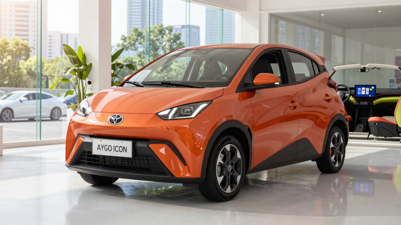 Carro compacto Toyota Aygo Icon laranja em showroom moderno com grandes janelas panorâmicas.
