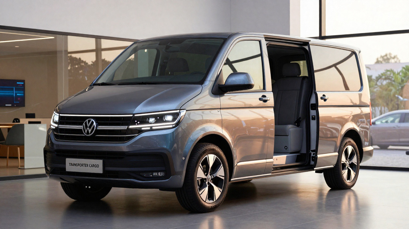 Van Volkswagen Transporter Cargo cinza estacionada com a porta lateral aberta em ambiente interno.