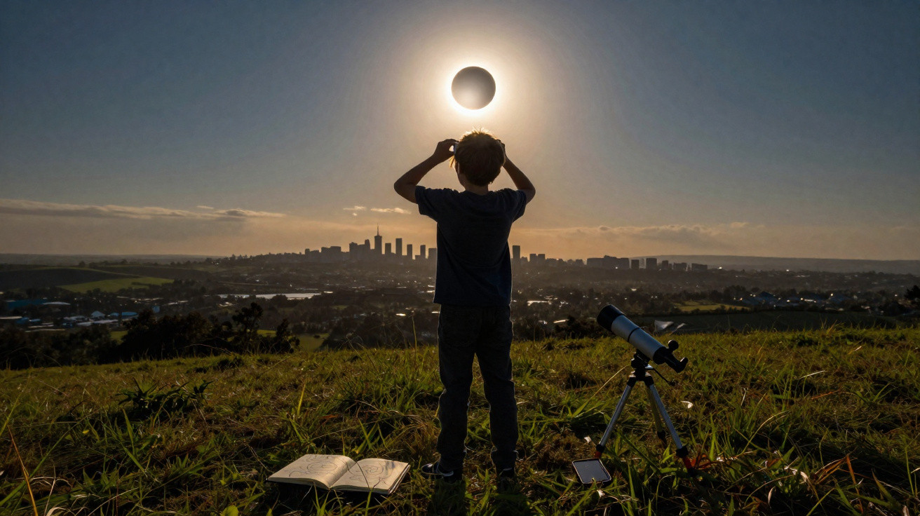 Criança observando eclipse solar com telescópio em campo aberto, cidade ao fundo ao entardecer.