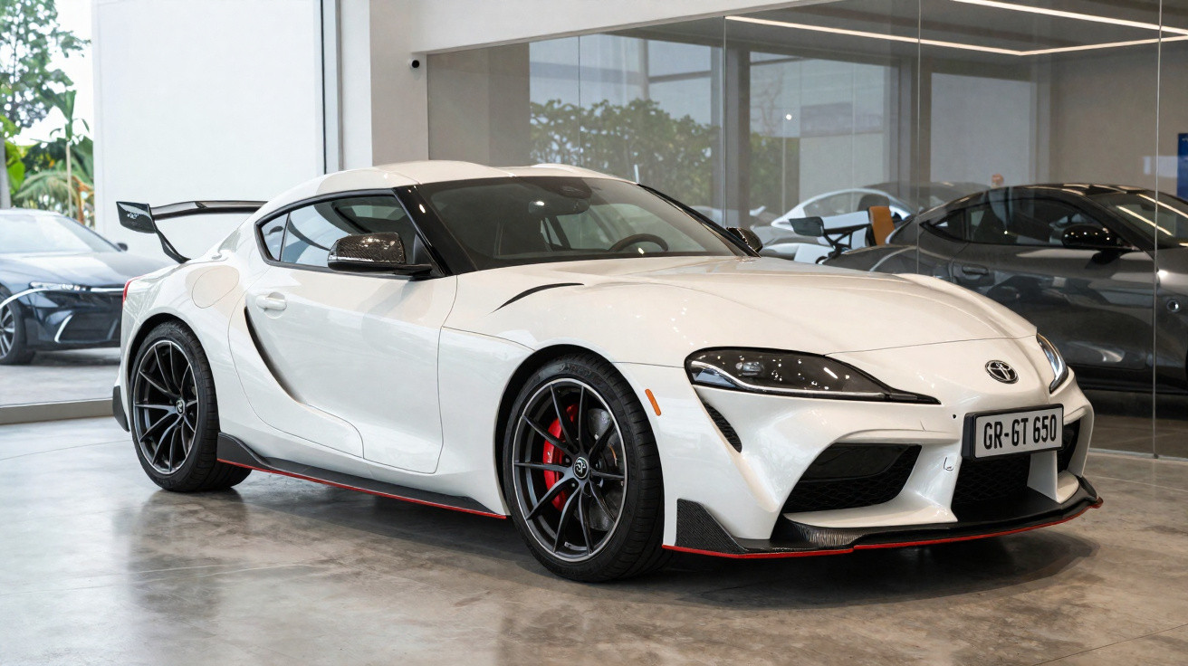 Carro esportivo branco Toyota Supra GR-GT 650 estacionado em showroom com paredes de vidro.
