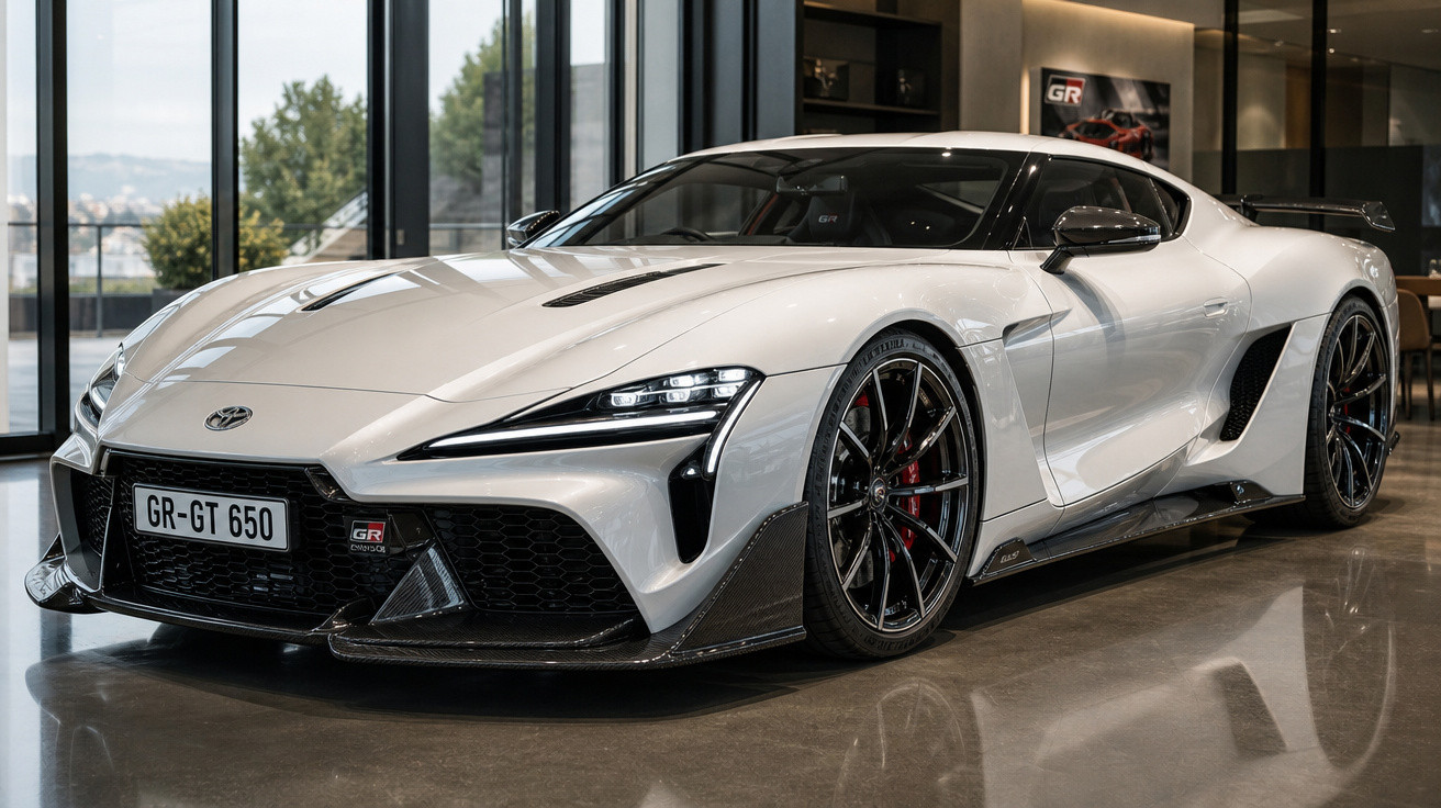 Carro esportivo branco Toyota GR-GT 650 em showroom com rodas pretas e detalhes aerodinâmicos em carbono.
