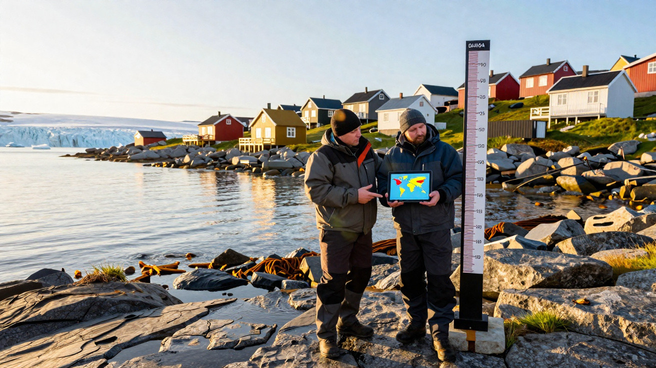 Dois homens em roupas de frio seguram tablet com mapa climático perto de casas coloridas à beira-mar e campo de gelo.