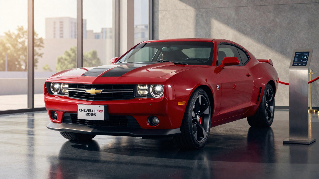 Carro esportivo Chevrolet Chevelle SS 2026 vermelho com faixa preta estacionado em showroom moderno.